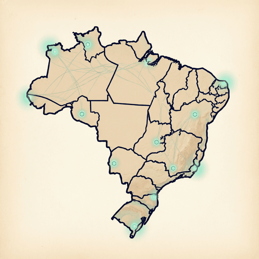 Mapa do Brasil em linhas finas azul marinho sobre fundo areia, com pontos turquesa conectando territórios vulneráveis